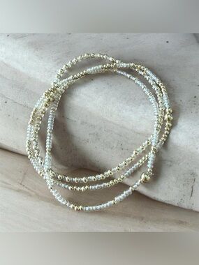 14K Gold Filled & Cream/Light Beige Seed Bead Stretch Bracelet Set Handmade